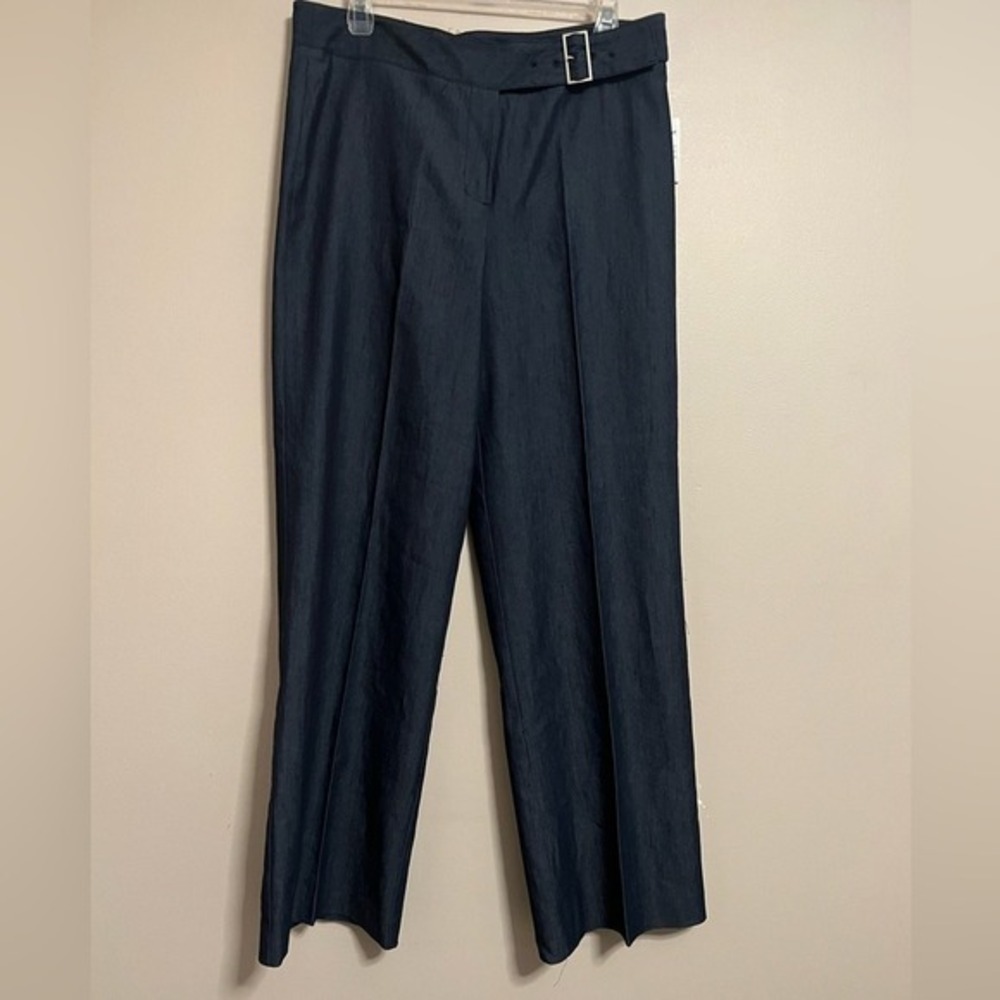 LARRY‎ LEVINE Stretch Dark Navy Belted Wide Leg Dress Pants Women's Size 12